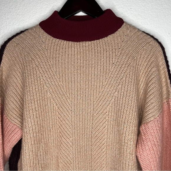 TOPSHOP Colorblock Pullover Mock Neck Sweater Cream Pink Maroon Size 10 - Picture 5 of 11
